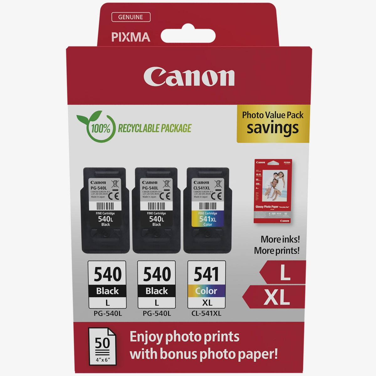 Genuine Canon  PG-540L x2/CL-541XL Ink Cartridges + Photo Paper 5224B015
