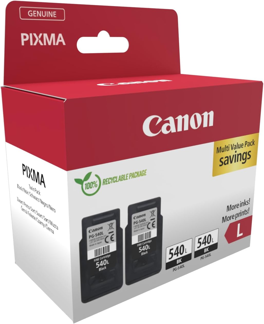 Genuine Canon PG-540L High Capacity Black Ink Cartridge Twin Pack 5224B020