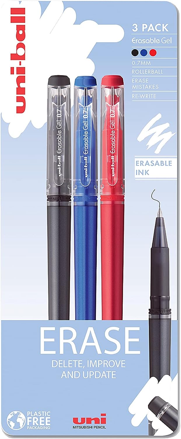UniBall Erasable Gel 0.7mm Rollerball Pens 3 Pack (Black, Blue, Red