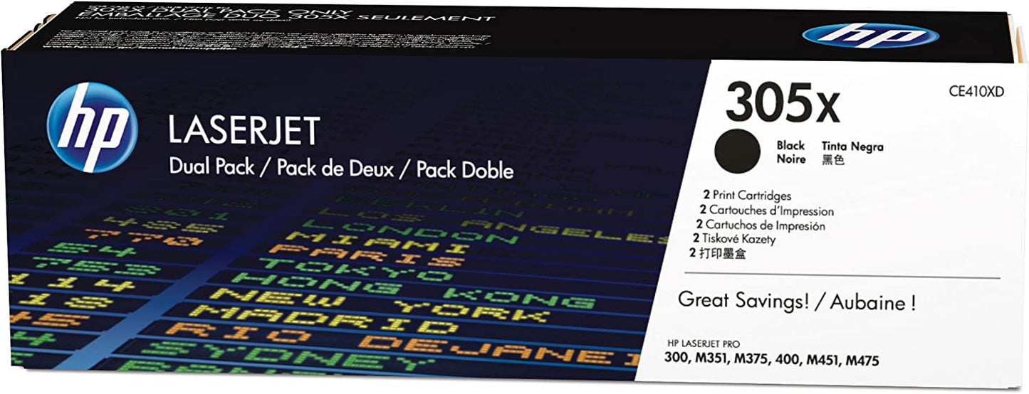 Genuine HP CE410XD (305A) Black High Capacity Printer Toner Cartridges Dual Pack