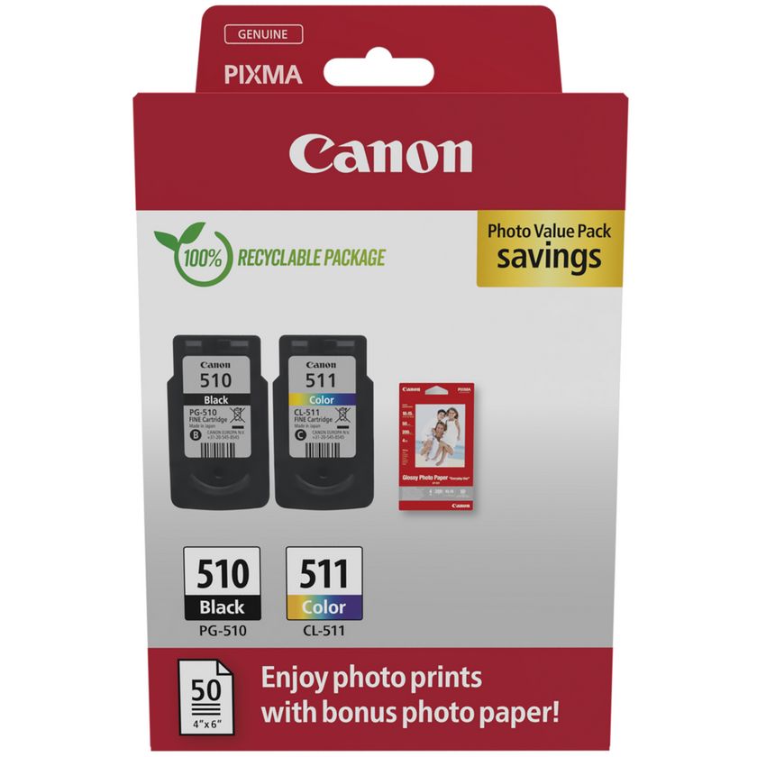Genuine Canon PG-510 Black CL-511 Colour Ink Cartridge Twin Pack + Photo Paper