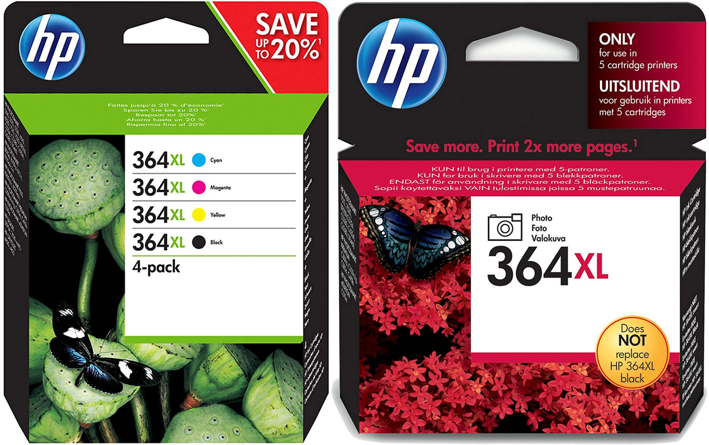Genuine HP 364XL Black Cyan Magenta and Yellow + PLUS Photo Black Ink Cartridges N9J74AE