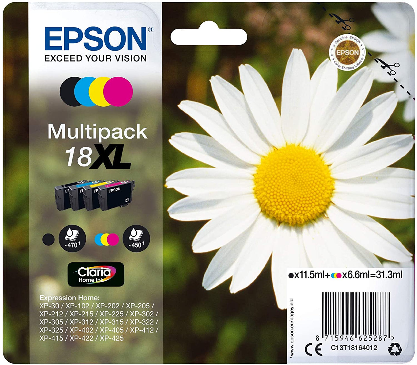 Genuine Epson 18XL Black/Cyan/Magenta/Yellow Ink Cartridge Multipack C13T18164012
