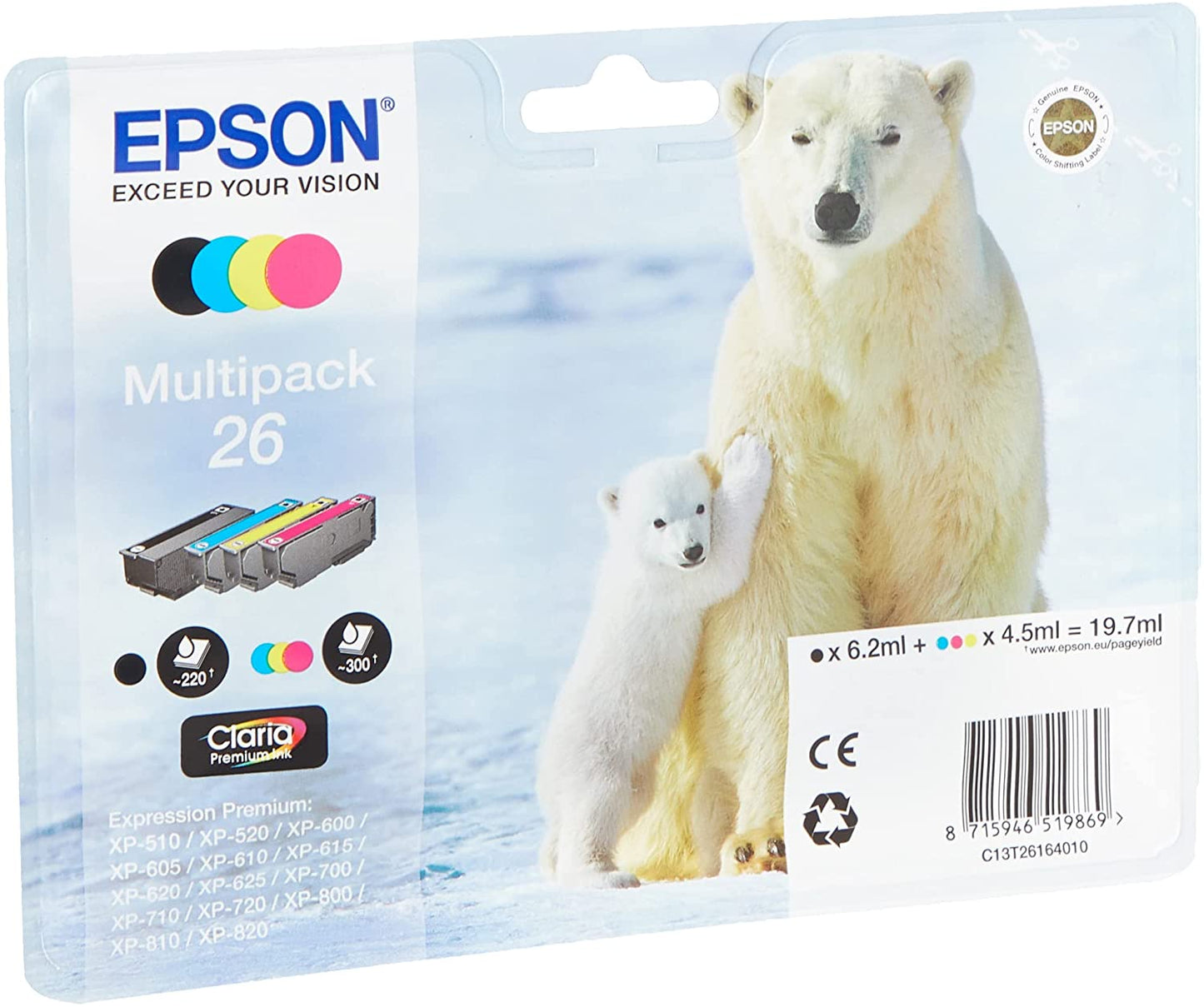 Genuine Epson 26 Black Cyan Magenta Yellow Ink Cartridge Multipack C13T26164010