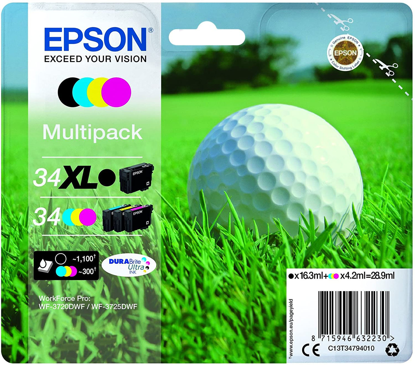Genuine Epson 34XL Black 34 Cyan/Magenta/Yellow Ink Cartridges C13T34794010