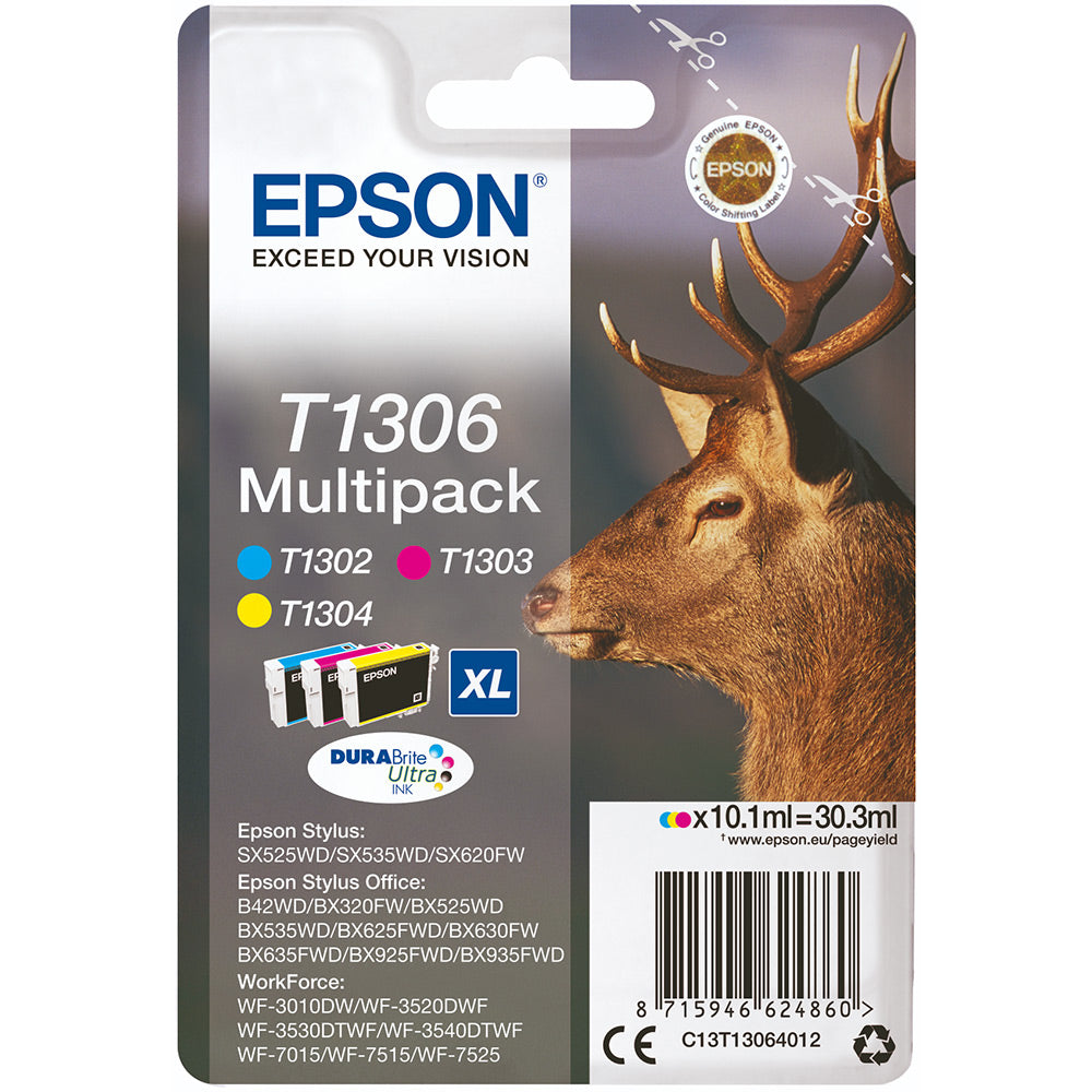 Genuine Epson T1306 Cyan/Magenta/Yellow Multipack (T1302/T1303/T1304)