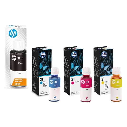 Genuine HP 32XL Black 31 Cyan Magenta + Yellow Ink Bottle Set