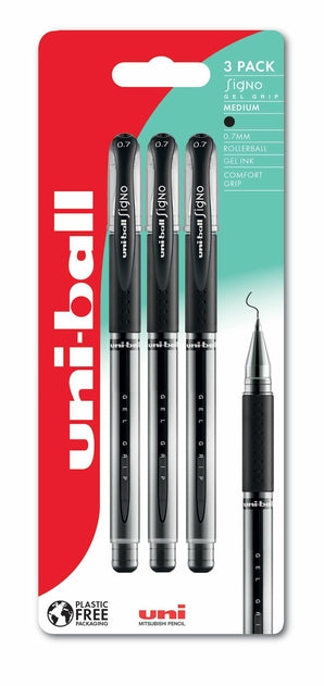 2 x uni-ball Signo Gel Grip Rollerball Pen Packs | Medium (0.7 mm) | Black | 2 x 3 Count