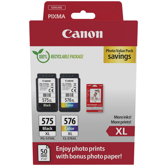 Genuine Canon PG-575XL Black CL-576XL Ink Cartridge Twin Pack + Photo Paper 5437C006