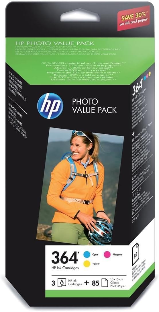Genuine HP 364 Cyan Magenta and Yellow Ink Cartridges + Photo Paper Value Pack CH082EE