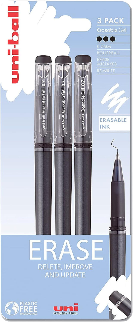 Uni-Ball Erasable Gel 0.7mm Rollerball Pens 3 Pack (Black)