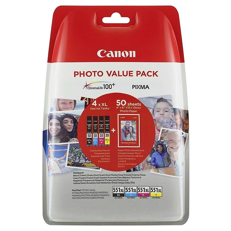 Genuine Canon CLI-551XL BK/C/M/Y Ink Cartridge Multipack Plus 50 Sheets Photo Paper 6443B006