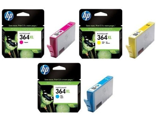 Genuine HP 364XL Cyan Magenta and Yellow Ink Cartridges