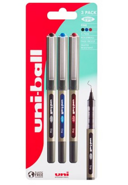 2 x uni-ball Eye Fine Rollerball Pen Packs | Fine (0.7 mm) | Black/Blue/Red | 2 x 3 Count