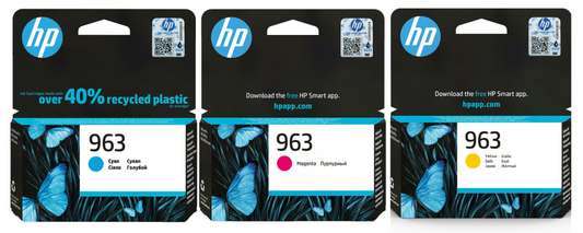 Three HP 963 ink cartridge packages on a white background