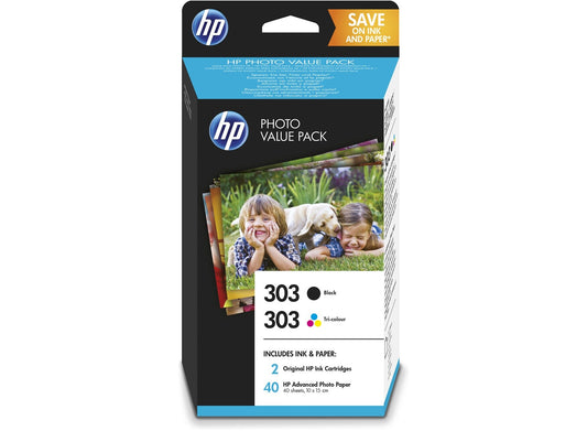 Genuine HP 303 Tricolour + Black + Photo Paper Value Pack Z4B62EE