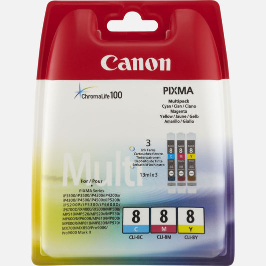 Genuine Canon CLI-8 Cyan Magenta and Yellow Ink Cartridge Multipack 0621B029