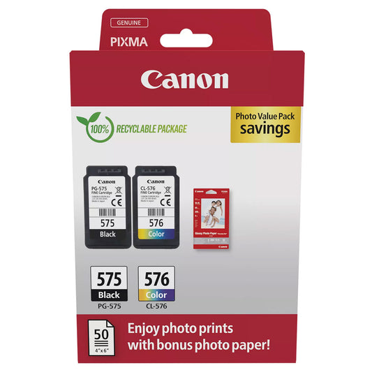 Genuine Canon PG-575 Black CL-576 Ink Cartridge Twin Pack + Photo Paper 5438C004