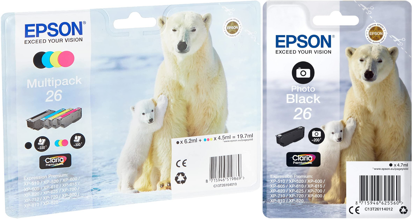 Genuine Epson 26 Black Cyan Magenta Yellow + Photo Black Ink Cartridge Multipack