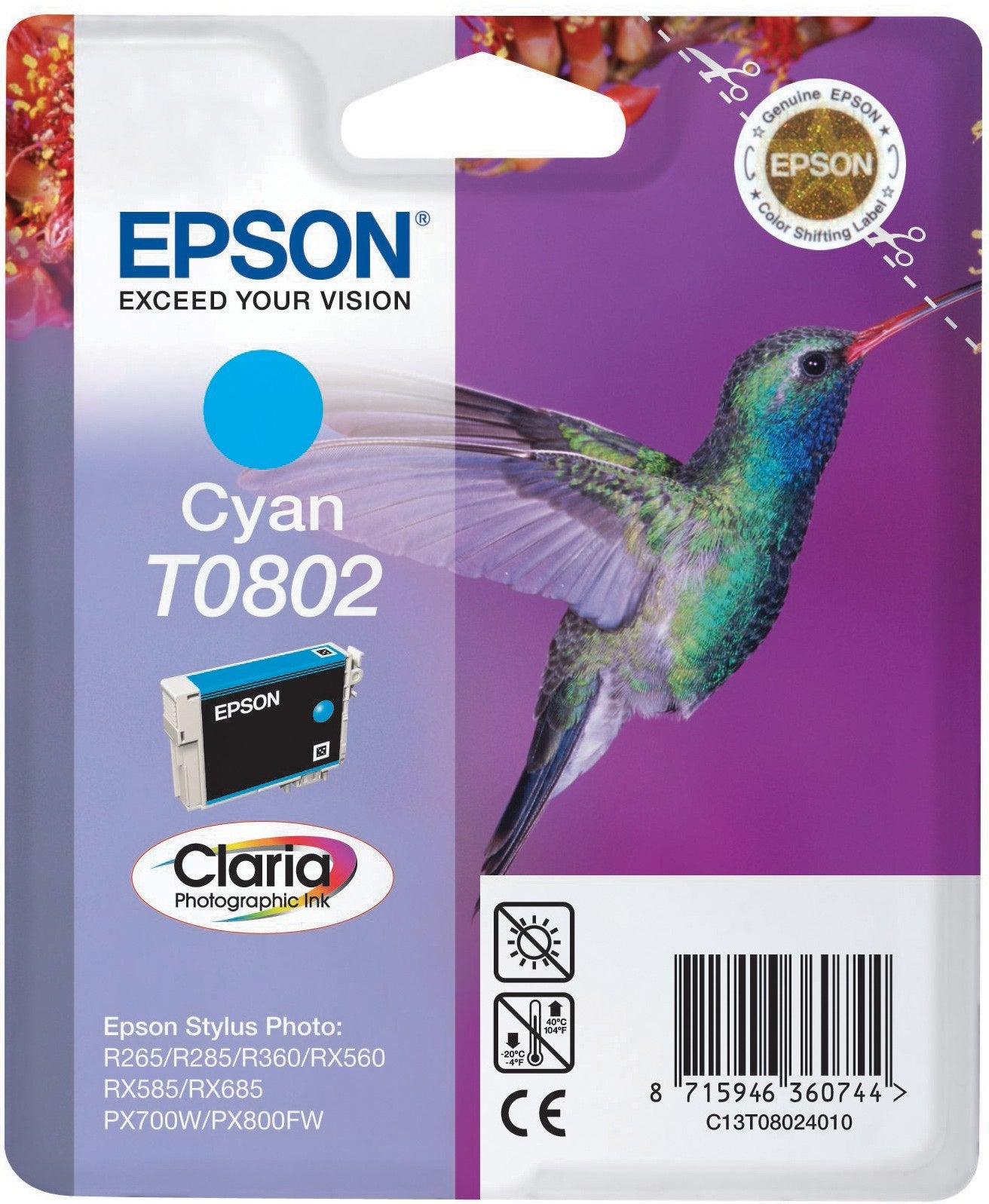 Genuine Epson T0802 Cyan Ink Cartridge