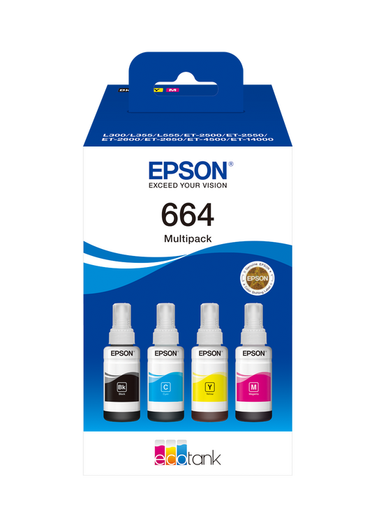 Genuine Epson 664 Black/Cyan/Magenta/Yellow Ink Bottle Multipack