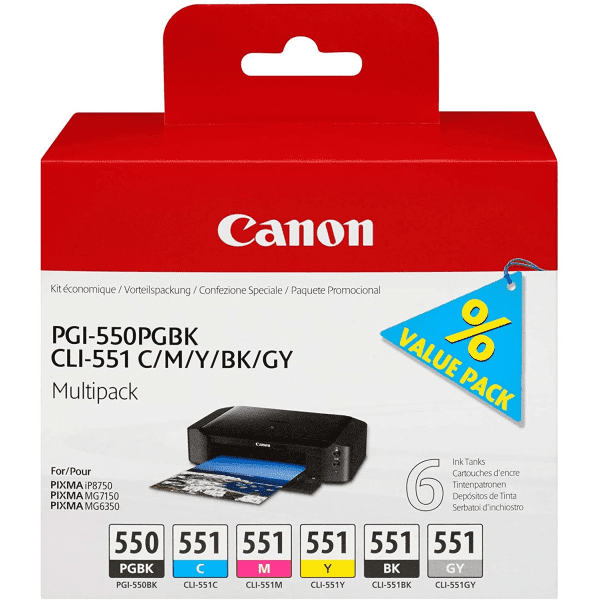 Genuine Canon PGI-550PGBK Black CLI-551 Cyan/Magenta/Yellow/Black/Grey Ink Cartridge