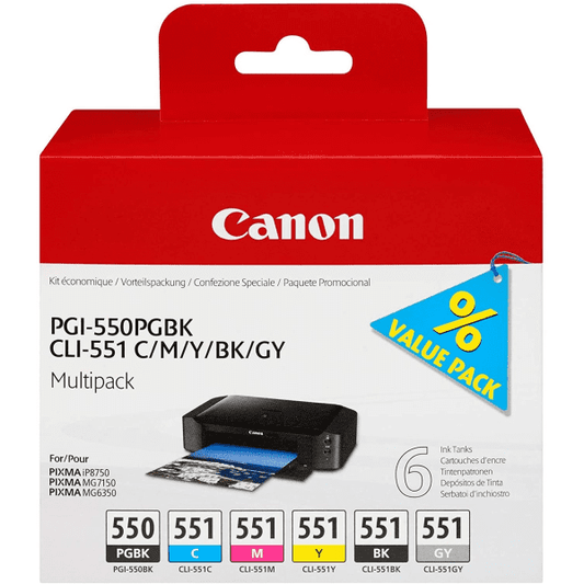 Genuine Canon PGI-550PGBK Black CLI-551 Cyan/Magenta/Yellow/Black/Grey Ink Cartridge