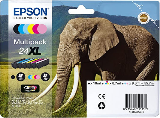 Genuine Epson 24XL Multipack Black Cyan Magenta Yellow Light Cyan Light Magenta C13T24384011 Ink Cartridge - Elephant