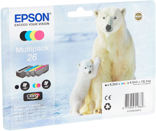 Genuine Epson 26 Black Cyan Magenta Yellow Ink Cartridge Multipack C13T26164010
