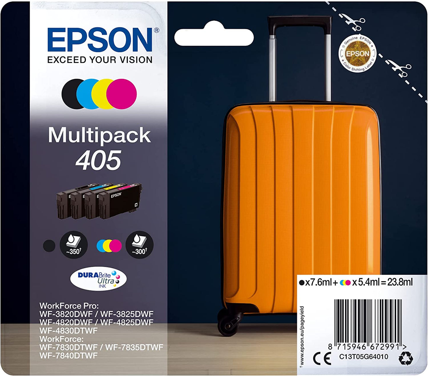 Genuine Epson 405 Black/Cyan/Magenta/Yellow Ink Cartridge Multipack