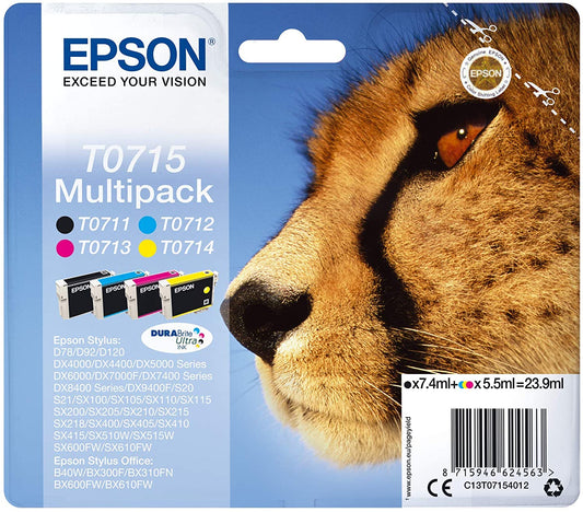 Genuine Epson T0715 Black/Cyan/Magenta/Yellow Ink Cartridge - T0711/T0712/T0713/T0714 - C13T07154010